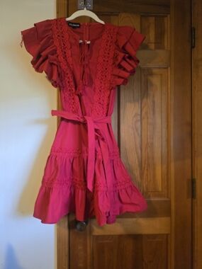 NWT Eilly Bazar Womens  Red Lace-Trim Ruffle Dress